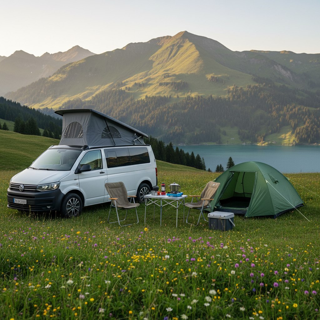 Camping mit Camper-Van an einem Bergsee in den Schweizer Alpen