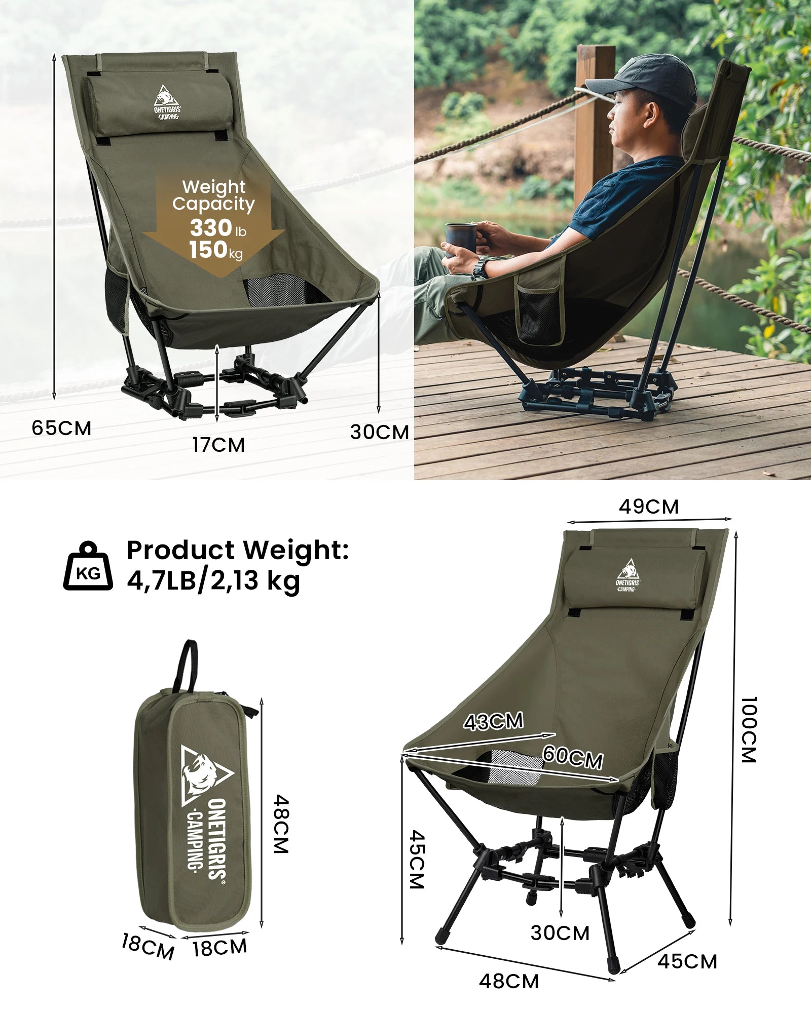 OneTigris Faltstuhl mit hohem Rücken für Camping und Outdoor