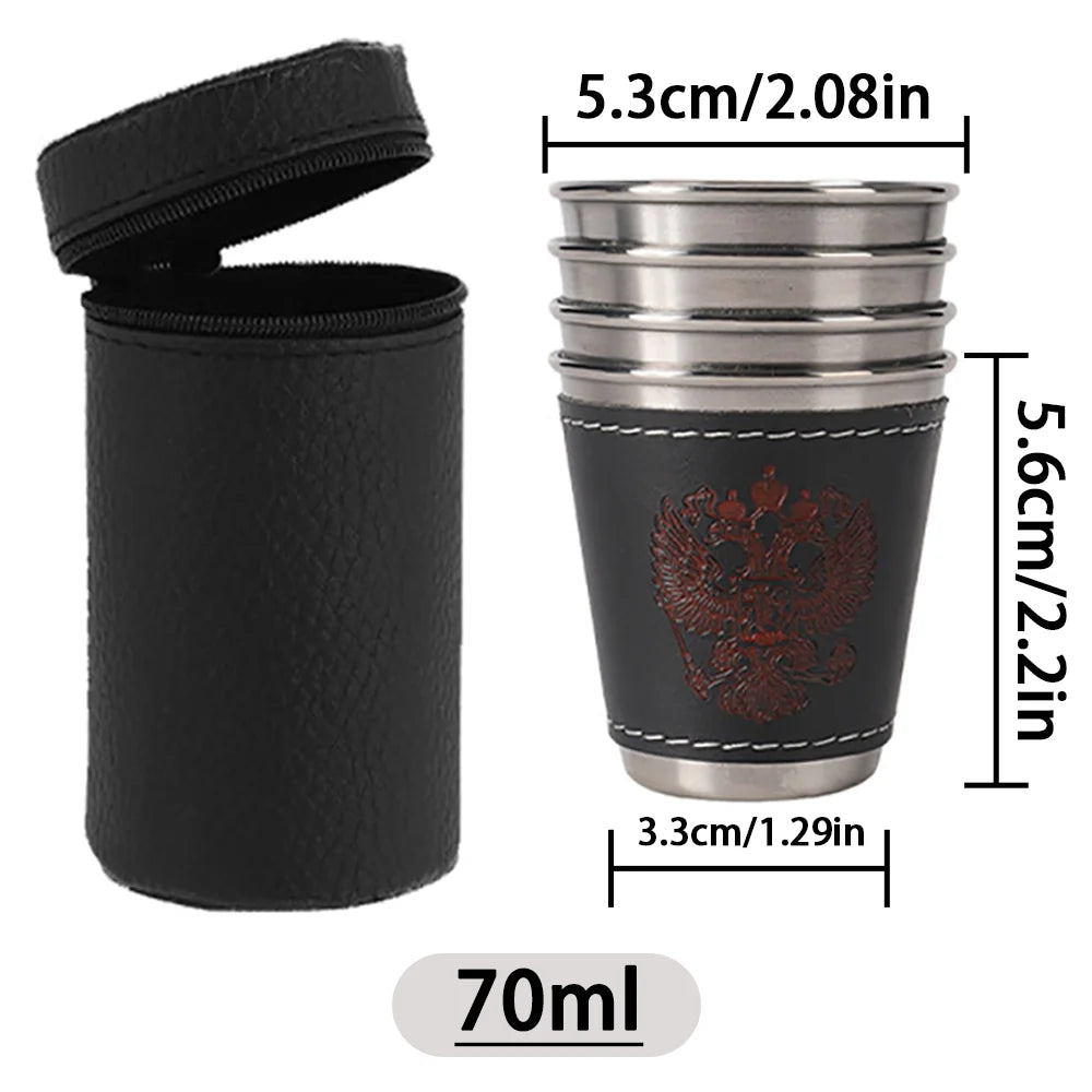Camping Becher Set aus Edelstahl mit PU-Lederetui