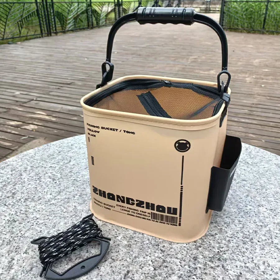 Faltbarer Angel-Eimer mit Netz und Seil – clever-campen Camping & Outdoor Schweiz