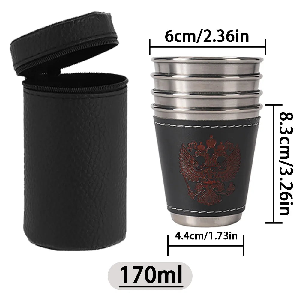 Camping Becher Set aus Edelstahl mit PU-Lederetui