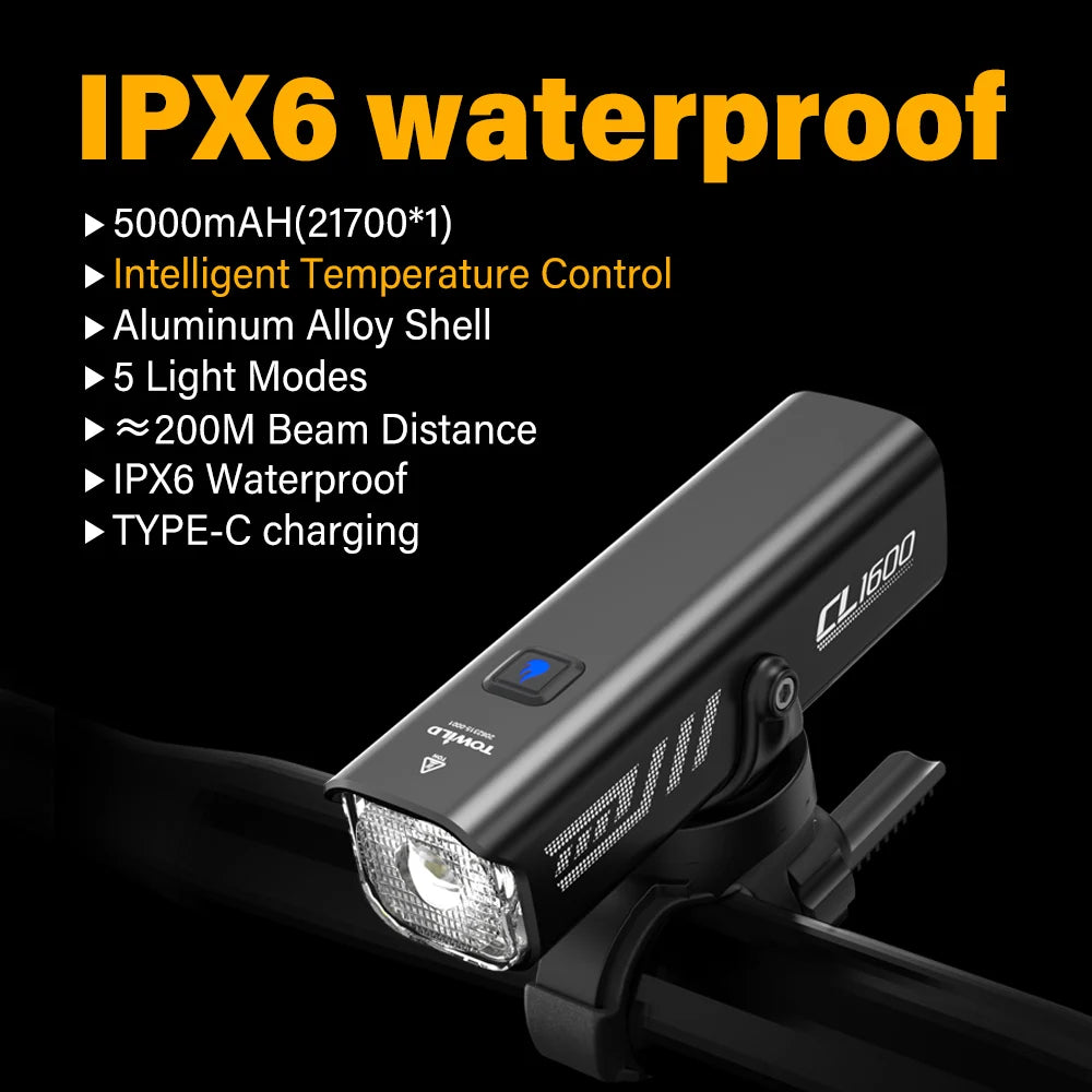 TOWILD CL1600 Fahrradlicht 5000mAh LED Aluminium IPX6