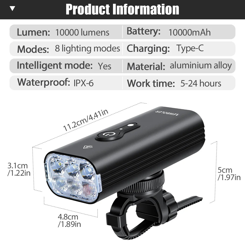 10000mAh Smart Fahrradlicht 10000LM wasserdicht USB – clever-campen Ansicht 2