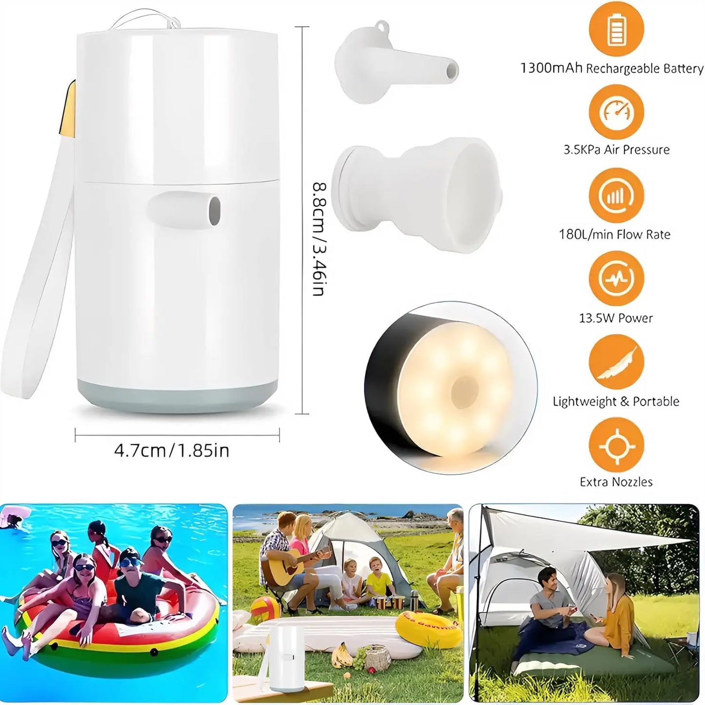 Kompakte Luftmatratzen-Pumpe mit SOS-Lampe – Wiederaufladbar – clever-campen Ansicht 3