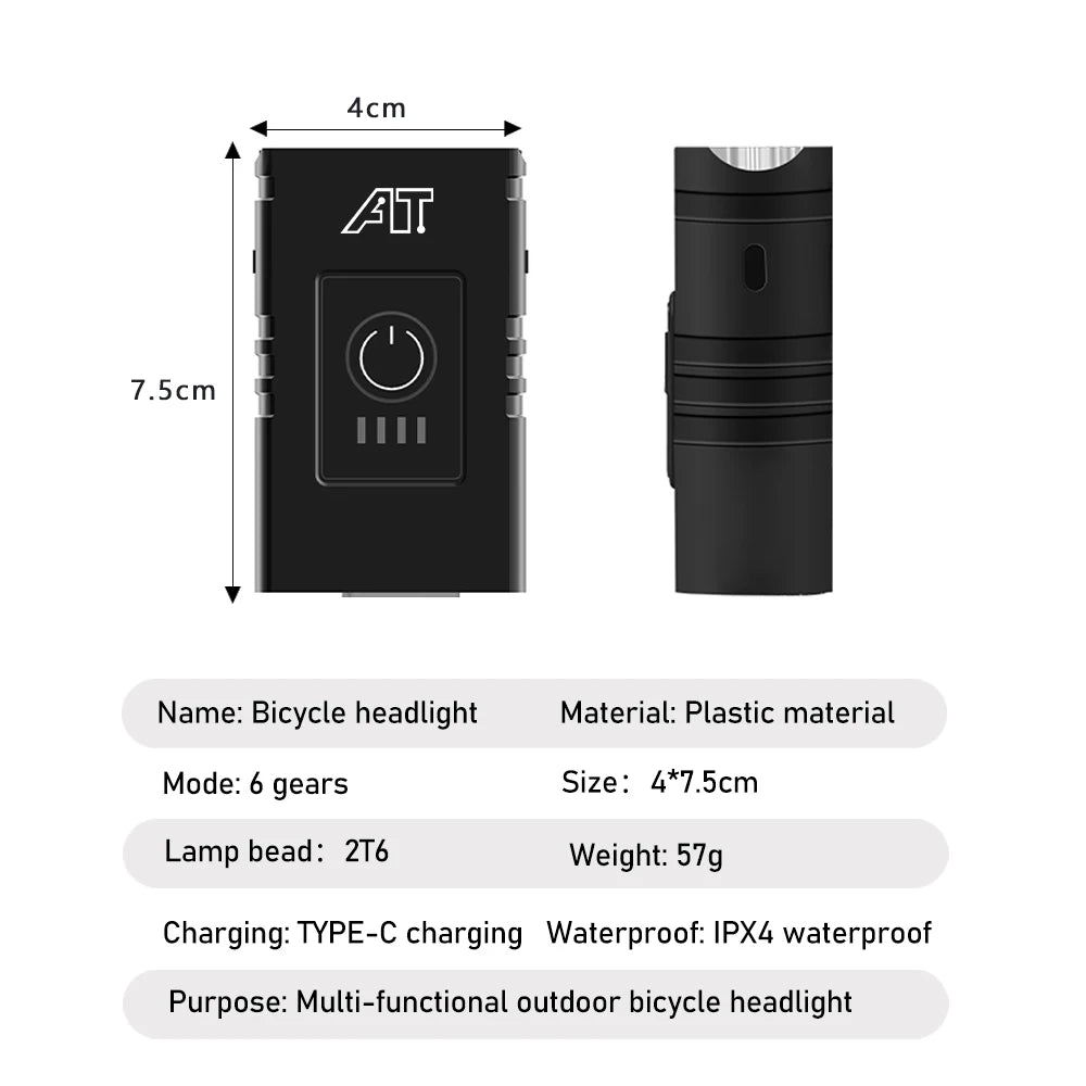 T6 LED Fahrradlampe Typ-C wiederaufladbar wasserdicht – clever-campen Ansicht 2