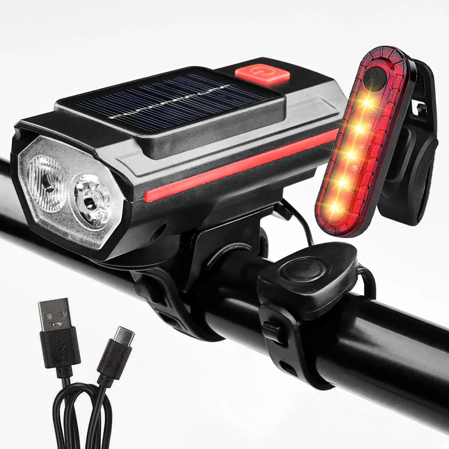 Solar Fahrradlicht mit Horn 120dB und USB-C Aufladung